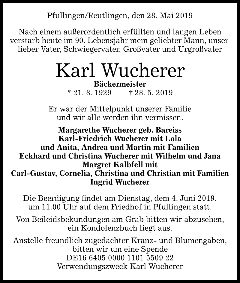  Traueranzeige für Karl Wucherer vom 31.05.2019 aus Reutlinger General-Anzeiger