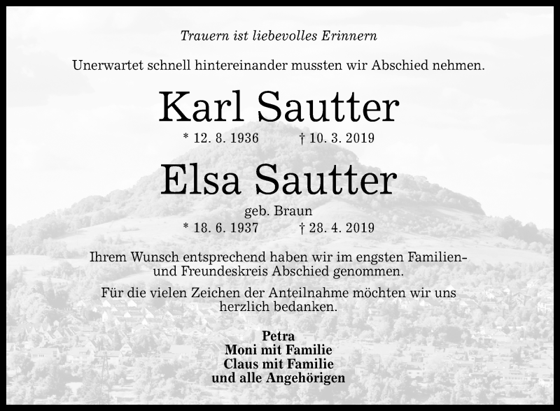  Traueranzeige für Karl und Elsa Sautter vom 18.05.2019 aus Reutlinger General-Anzeiger