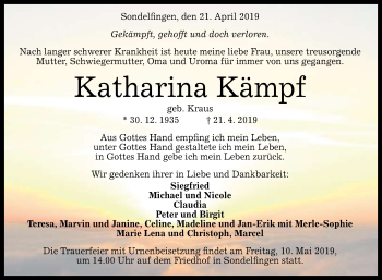 Anzeige von Katharina Kämpf von Reutlinger General-Anzeiger