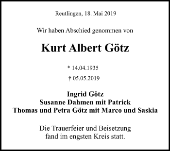 Anzeige von Kurt Albert Götz von Reutlinger General-Anzeiger