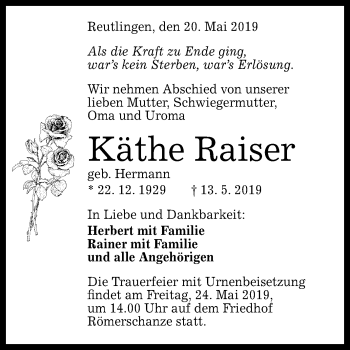 Anzeige von Käthe Raiser von Reutlinger General-Anzeiger