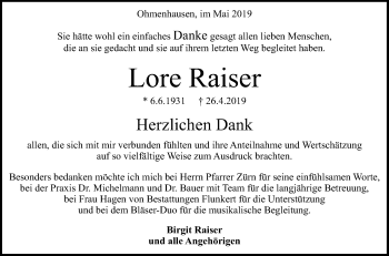 Anzeige von Lore Raiser von Reutlinger General-Anzeiger