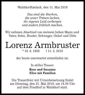 Anzeige von Lorenz Armbruster von Reutlinger General-Anzeiger