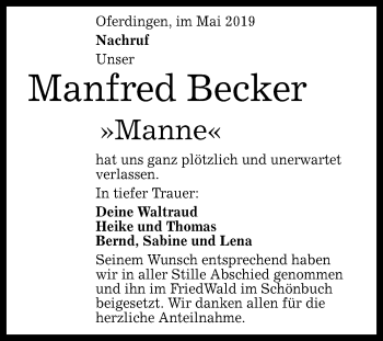 Anzeige von Manfred Becker von Reutlinger General-Anzeiger