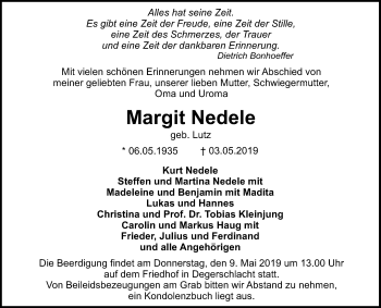 Anzeige von Margit Nedele von Reutlinger General-Anzeiger
