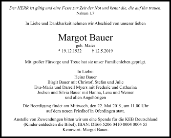 Anzeige von Margot Bauer von Reutlinger General-Anzeiger