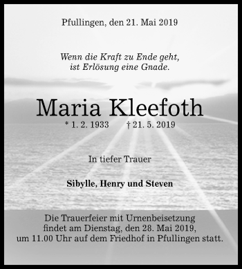 Anzeige von Maria Kleefoth von Reutlinger General-Anzeiger