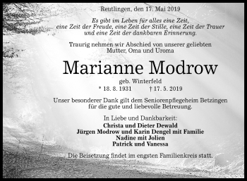 Anzeige von Marianne Modrow von Reutlinger General-Anzeiger
