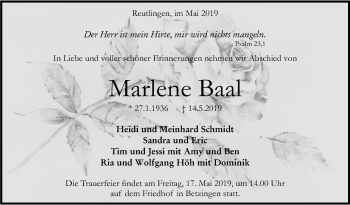 Anzeige von Marlene Baal von Reutlinger General-Anzeiger