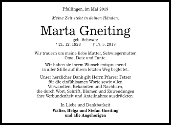 Anzeige von Marta Gneiting von Reutlinger General-Anzeiger