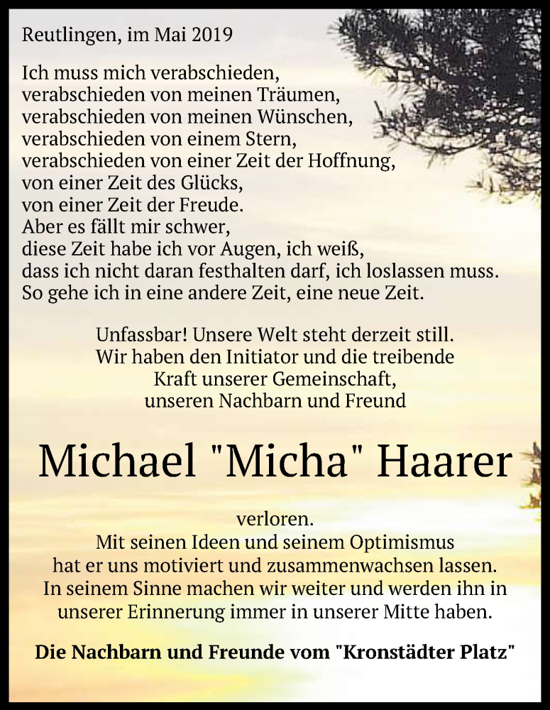 Traueranzeige für Michael Haarer vom 09.05.2019 aus Reutlinger General-Anzeiger