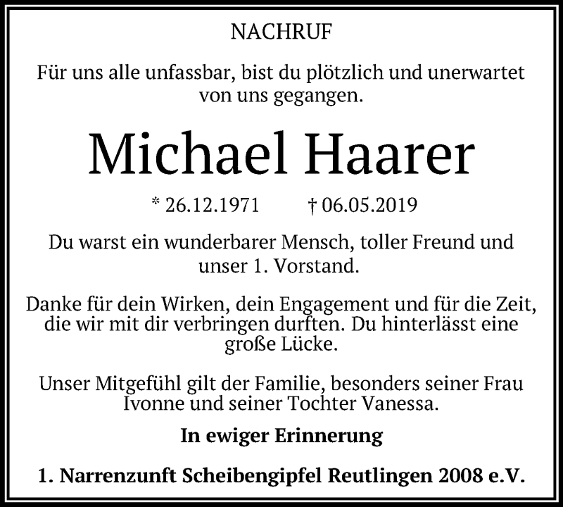  Traueranzeige für Michael Haarer vom 10.05.2019 aus Reutlinger General-Anzeiger
