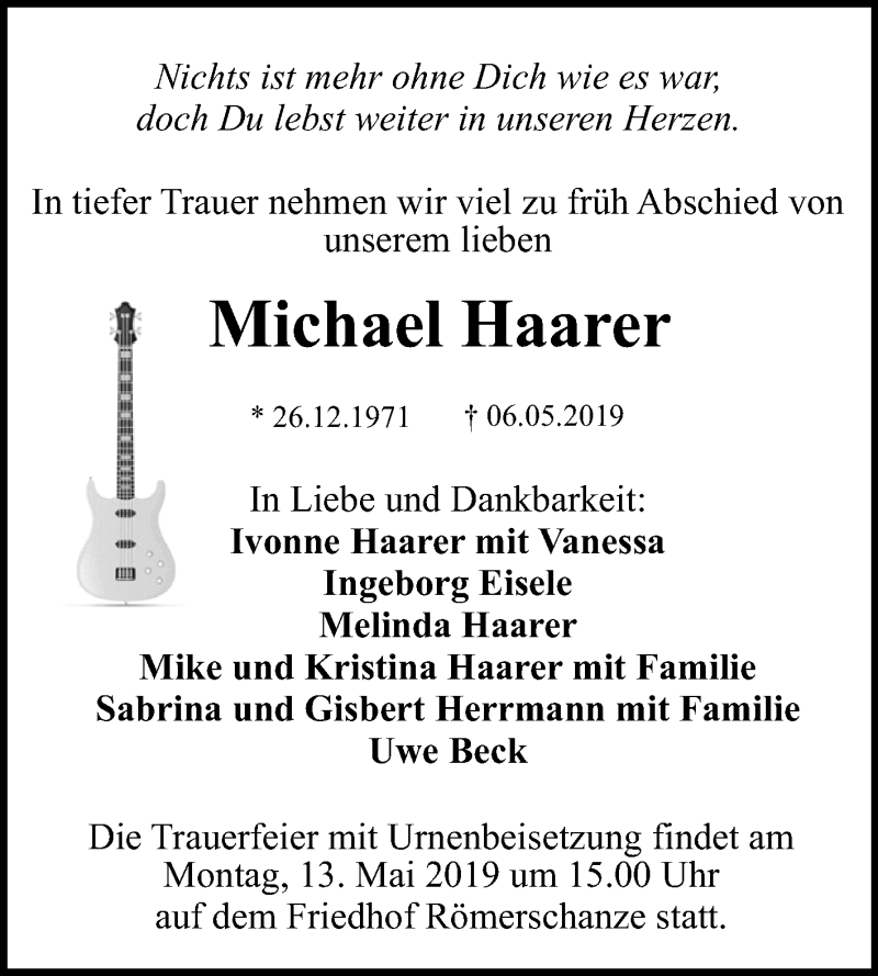  Traueranzeige für Michael Haarer vom 08.05.2019 aus Reutlinger General-Anzeiger