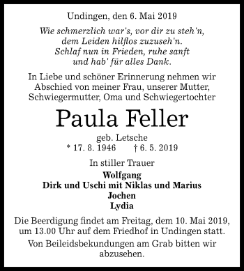 Anzeige von Paula Feller von Reutlinger General-Anzeiger