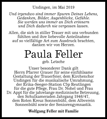 Anzeige von Paula Feller von Reutlinger General-Anzeiger