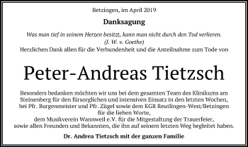 Anzeige von Peter-Andreas Tietzsch von Reutlinger General-Anzeiger