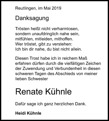 Anzeige von Renate Kühnle von Reutlinger General-Anzeiger