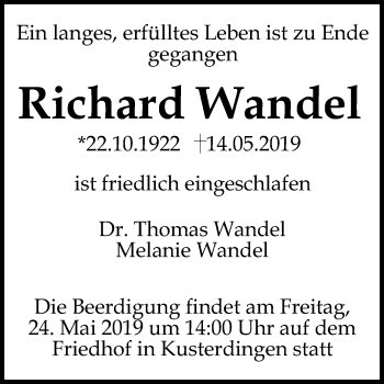 Anzeige von Richard Wandel von Reutlinger General-Anzeiger