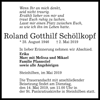 Anzeige von Roland Gotthilf Schöllkopf von Reutlinger General-Anzeiger