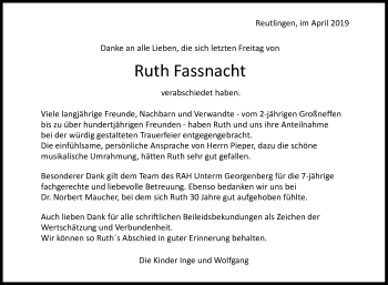 Anzeige von Ruth Fassnacht von Reutlinger General-Anzeiger