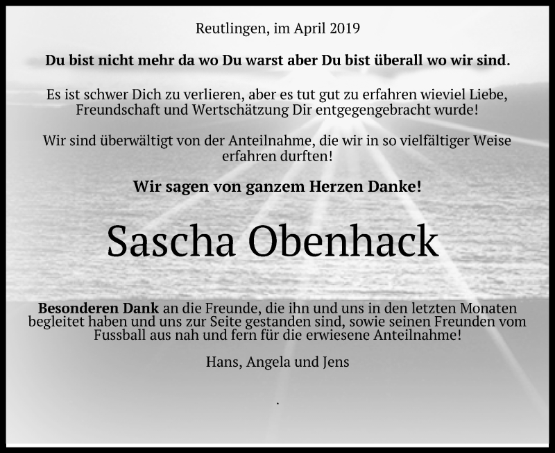  Traueranzeige für Sascha Obenhack vom 03.05.2019 aus Reutlinger General-Anzeiger