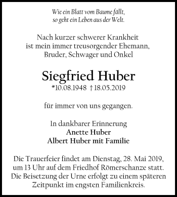 Anzeige von Siegfried Huber von Reutlinger General-Anzeiger