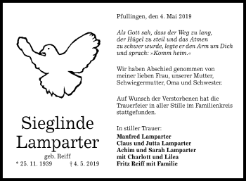 Anzeige von Sieglinde Lamparter von Reutlinger General-Anzeiger