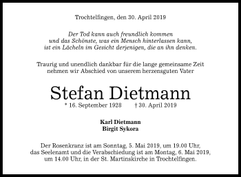 Anzeige von Stefan Dietmann von Reutlinger General-Anzeiger