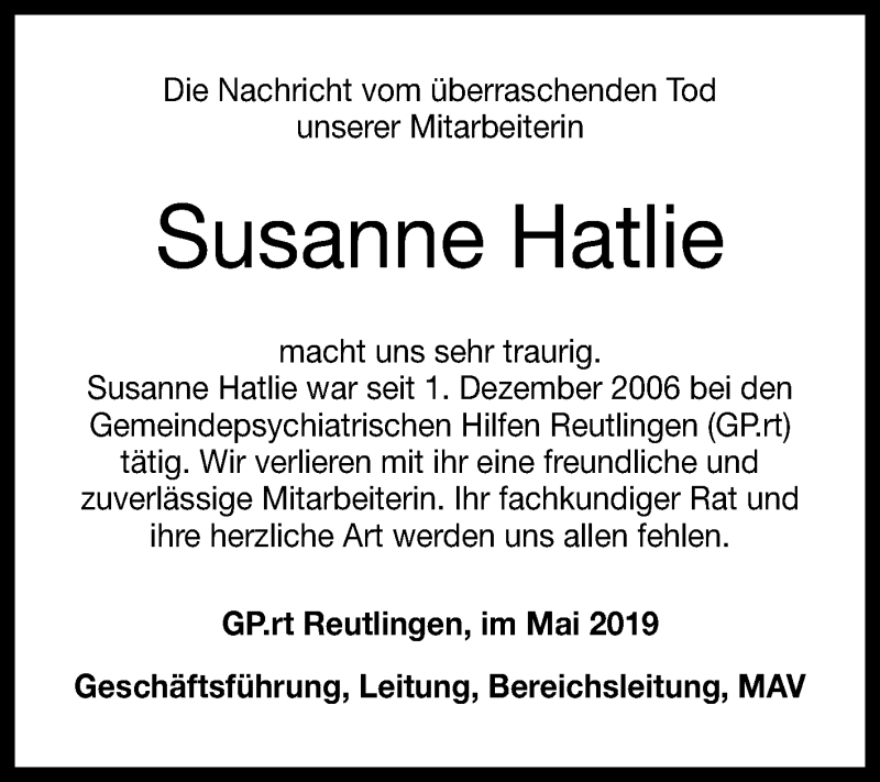  Traueranzeige für Susanne Hatlie vom 04.05.2019 aus Reutlinger General-Anzeiger