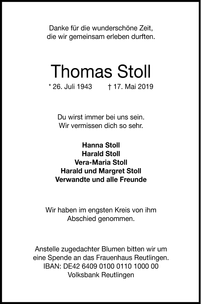  Traueranzeige für THomas Stoll vom 25.05.2019 aus Reutlinger General-Anzeiger