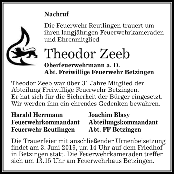 Anzeige von Theodor Zeeb von Reutlinger General-Anzeiger
