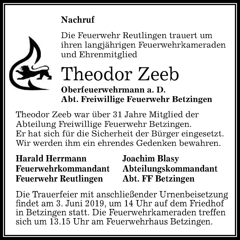  Traueranzeige für Theodor Zeeb vom 29.05.2019 aus Reutlinger General-Anzeiger