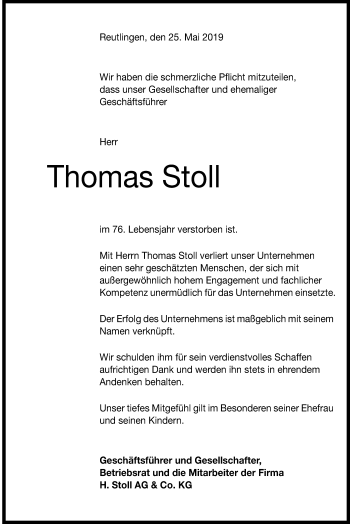 Anzeige von Thomas Stoll von Reutlinger General-Anzeiger