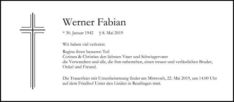 Traueranzeige für Werner Fabian vom 18.05.2019 aus Reutlinger General-Anzeiger