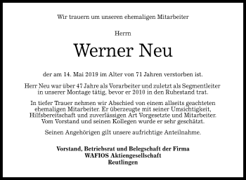 Anzeige von Werner Neu von Reutlinger General-Anzeiger