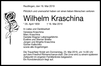 Anzeige von Wilhelm Kraschina von Reutlinger General-Anzeiger