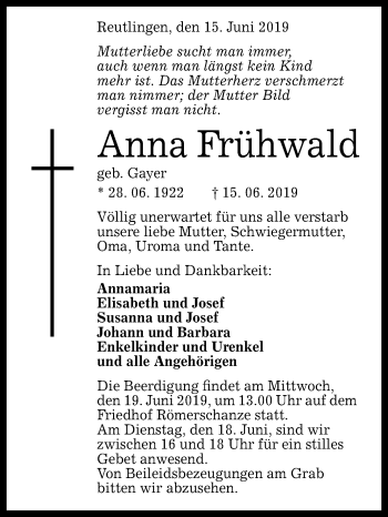Anzeige von Anna Frühwald von Reutlinger General-Anzeiger