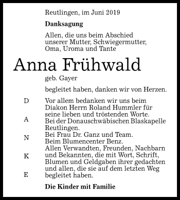 Anzeige von Anna Frühwald von Reutlinger General-Anzeiger