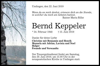 Anzeige von Bernd Keppeler von Reutlinger General-Anzeiger