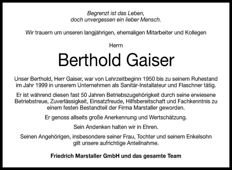 Traueranzeige für Berthold Gaiser vom 29.06.2019 aus Reutlinger General-Anzeiger