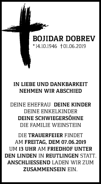 Anzeige von Bojidar Dobrev von Reutlinger General-Anzeiger