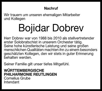 Anzeige von Bojidar Dobrev von Reutlinger General-Anzeiger