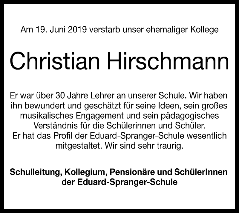  Traueranzeige für Christian Hirschmann vom 25.06.2019 aus Reutlinger General-Anzeiger