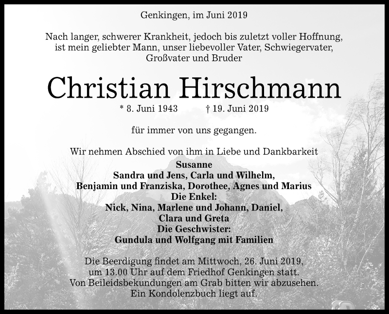  Traueranzeige für Christian Hirschmann vom 24.06.2019 aus Reutlinger General-Anzeiger