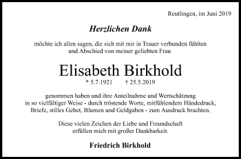 Anzeige von Elisabeth Birkhold von Reutlinger General-Anzeiger