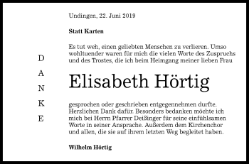 Anzeige von Elisabeth Hörtig von Reutlinger General-Anzeiger