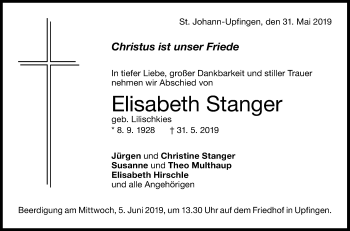 Anzeige von Elisabeth Stanger von Reutlinger General-Anzeiger