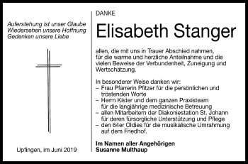 Anzeige von Elisabeth Stanger von Reutlinger General-Anzeiger