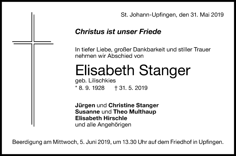  Traueranzeige für Elisabeth Stanger vom 04.06.2019 aus Reutlinger General-Anzeiger