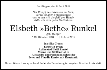 Anzeige von Elsbeth Runkel von Reutlinger General-Anzeiger